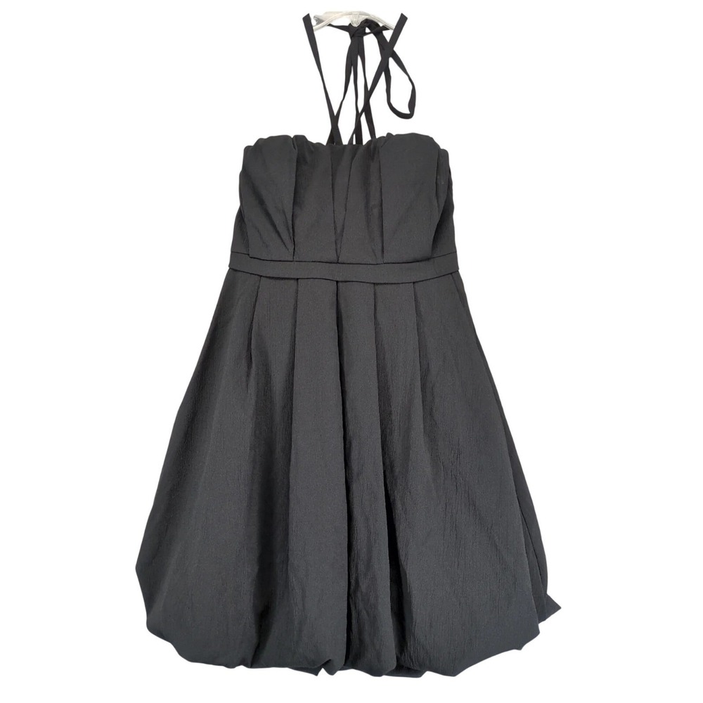 Entro Black Bubble Hem‎ Mini Dress Sz S Tie Halter Pleated Prom Party Cocktail